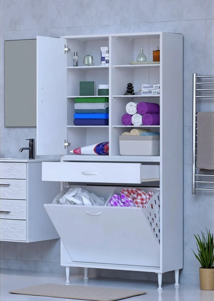 Eliusta  Rule Sepetli Banyo/Mutfak Dolabı 70 cm Genişliğe Sahip 70x171x32,5 cm İki Sepetli Beyaz Dolap ürün görseli 1