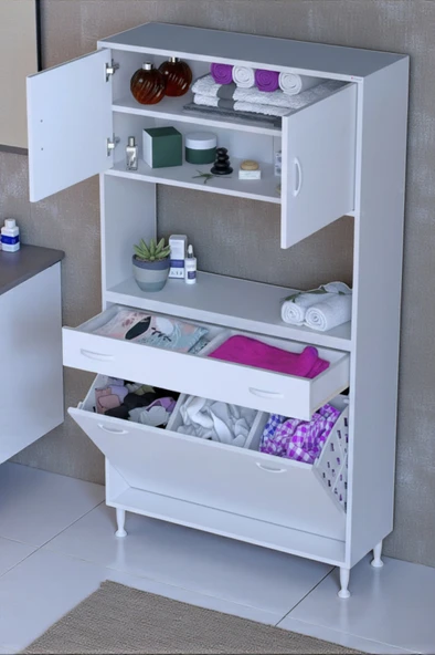 Eliusta  Seris Sepetli ve Çekmeceli Banyo Dolabı  G:95 cm Çok Amaçlı Beyaz Düzenleyici 95x173x32,5 cm Dolap ürün görseli 1