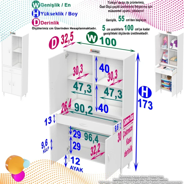 Eliusta  Vellum Beyaz Dolap 100x173x32,5 cm Ebatlarında Çok Fonksiyonlu 100 cm Genişlikte Banyo Dolabı - Resim 2