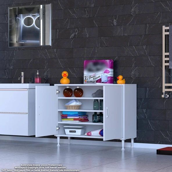 Eliusta  Nirat 95 cm 4 Bölmeli Beyaz Banyo Mutfak Dolabı 3 Raflı Kapaklı Çok Amaçlı Dolap 95x75x32,5 cm - Resim 3