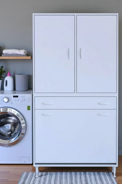 Eliusta  Wall Beyaz Banyo Dolabı 95 cm Üç Göz Bölmeli Sepet 95x171x32,5 cm 4 Raflı Mutfak/Banyo Dolabı ürün görseli 1