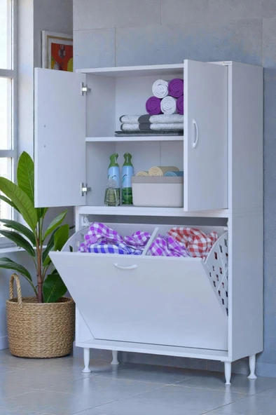 Eliusta  Miretta Üst Bölme Kapaklı Altı Kirli Sepetli Dolap 85 cm Genişlik Beyaz 85x138x32,5 cm Dolap ürün görseli 1