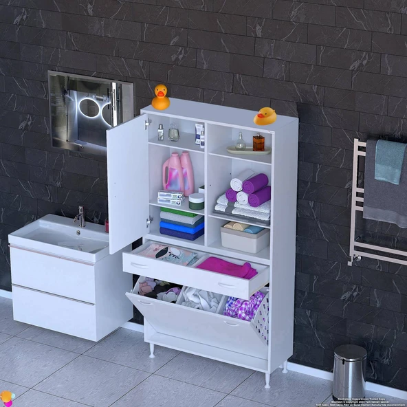 Eliusta  Mira Dolap 6 Bölme Çok Fonksiyonlu Banyo Dolabı 95 cm Beyaz Sepetli Dolap 95x171x32,5 cm Organizer - Resim 3