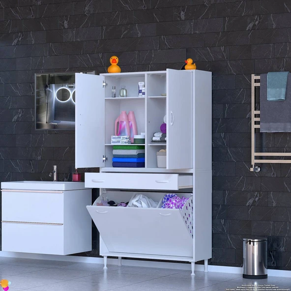 Eliusta  Wall Beyaz Banyo Dolabı 100 cm  Üç Göz Bölmeli Sepet 100x171x32,5 cm 4 Raflı Mutfak/Banyo Dolabı - Resim 3