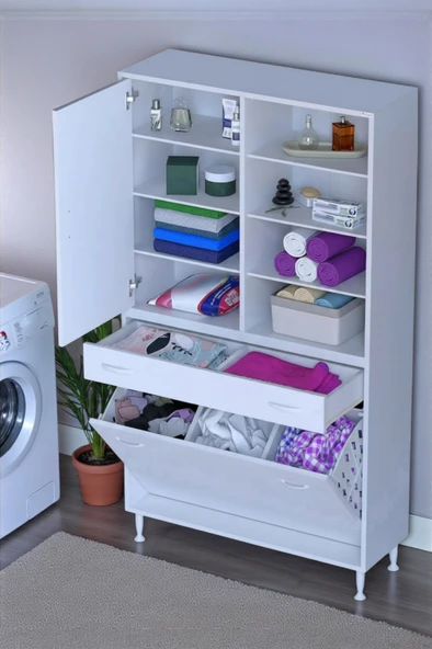 Eliusta  Rule Sepetli Banyo/Mutfak Dolabı 100 cm Genişliğe Sahip 100x171x32,5 cm Üç Sepetli Beyaz Dolap ürün görseli 1