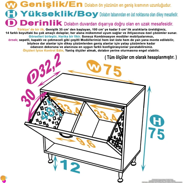 Eliusta  Sare 75 cm Beyaz Sepetli Banyo Dolabı,Mutfak Dolabı 75x75x32,5 cm Oyuncak Sepeti Çok Amaçlı Dolap - Resim 2