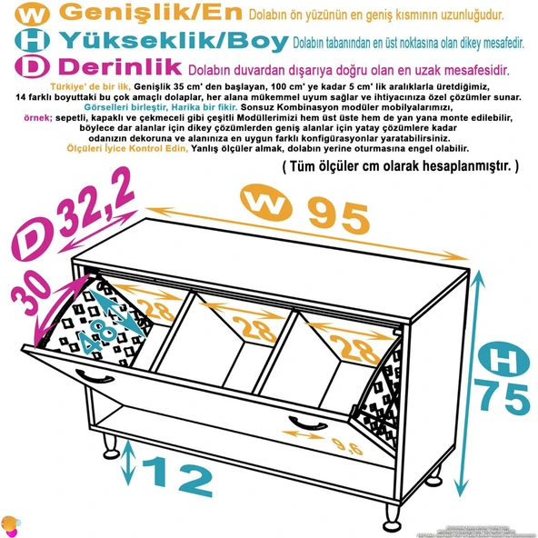 Eliusta  Sare 95 cm Beyaz Sepetli Banyo Dolabı,Mutfak Dolabı 95x75x32,5 cm Oyuncak Sepeti Çok Amaçlı Dolap - Resim 2