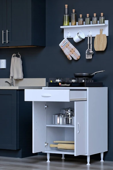 Eliusta  Liva Baharat Raflı 60 cm Çekmeceli Ankastre Mutfak Dolabı Çok Amaçlı Dolap 60x88x48 cm Beyaz Dolap ürün görseli 1