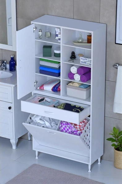 Eliusta  Rule Sepetli Banyo/Mutfak Dolabı 80 cm Genişliğe Sahip 80x171x32,5 cm İki Sepetli Beyaz Dolap ürün görseli 1