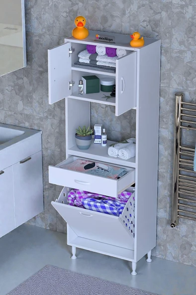 Eliusta  Seris Sepetli ve Çekmeceli Banyo Dolabı  G:65 cm Çok Amaçlı Beyaz Düzenleyici 65x173x32,5 cm Dolap ürün görseli 1