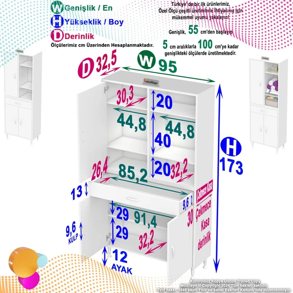Eliusta  Rivo 4 Raflı Banyo/Mutfak Dolabı 95 cm Beyaz Renkli  Çok Amaçlı Dolap 95x173x32,5 cm Ebatlarında - Resim 2