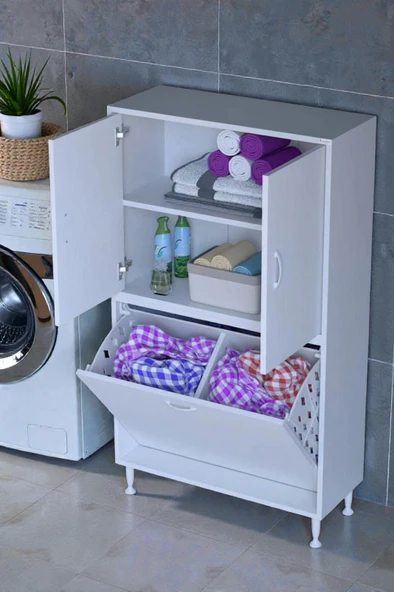 Eliusta  Miretta Üst Bölme Kapaklı Altı Kirli Sepetli Dolap 75 cm Genişlik Beyaz 75x138x32,5 cm Dolap ürün görseli 1