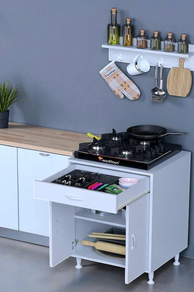 Eliusta  Liva Baharat Raflı 65 cm Çekmeceli Ankastre Mutfak Dolabı Çok Amaçlı Dolap 60x88x48 cm Beyaz Dolap ürün görseli 1