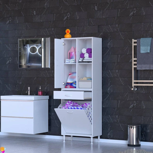 Eliusta  Liora Beyaz Çok Amaçlı Banyo Dolabı 65 cm Genişliğe Sahip 65x171x32,5 cm Tek Sepetli 2 Raflı Dolap - Resim 3