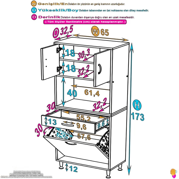Eliusta  Seris Sepetli ve Çekmeceli Banyo Dolabı  G:65 cm Çok Amaçlı Beyaz Düzenleyici 65x173x32,5 cm Dolap - Resim 2