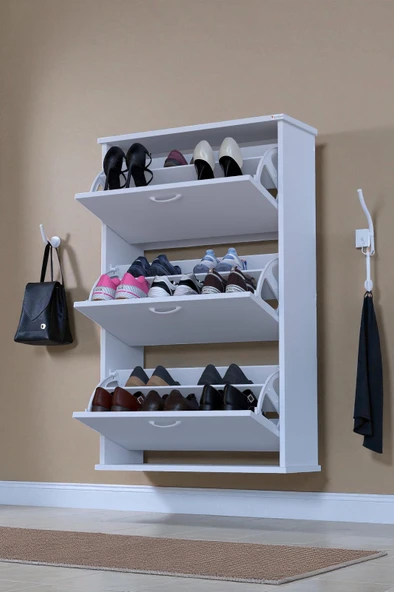 Eliusta  Farel 72 cm Genişlik 3 Kapaklı Ayakkabılık 72x114x26 cm  Beyaz Renk Kapı Önü/Antre Ayakkabılık - Resim 3