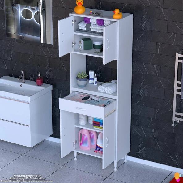 Eliusta  Nordi 4 Kapak 2 Raflı Beyaz Dolap 65x173x32,5 cm Çekmeceli Çok Amaçlı Banyo/Mutfak Dolabı - Resim 2