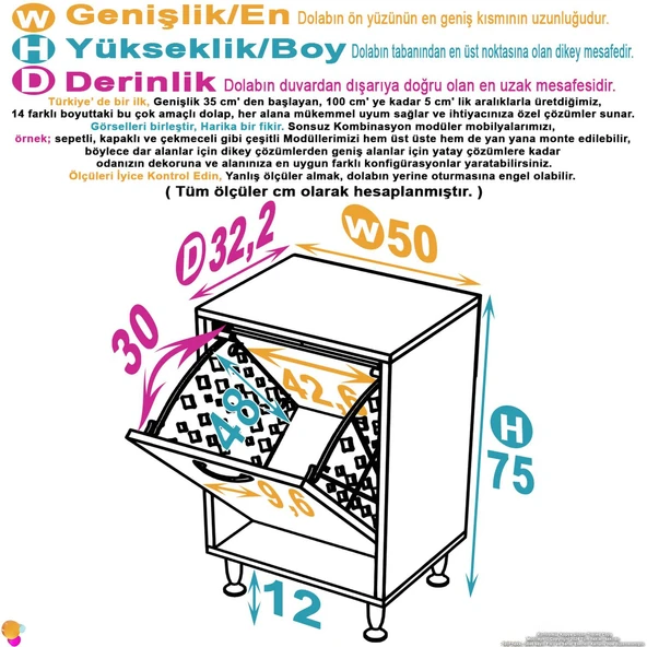 Eliusta  Sare 50 cm Beyaz Sepetli Banyo Dolabı,Mutfak Dolabı 50x75x32,5 cm Oyuncak Sepeti Çok Amaçlı Dolap - Resim 2