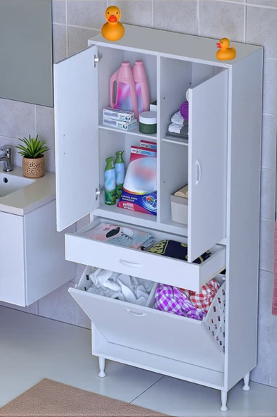 Eliusta  Pine 85 cm Genişlikte Dolap 85x171x32,5 cm  Banyo/Mutfak Dolabı İki Kapaklı Sepetli Dolap ürün görseli 1