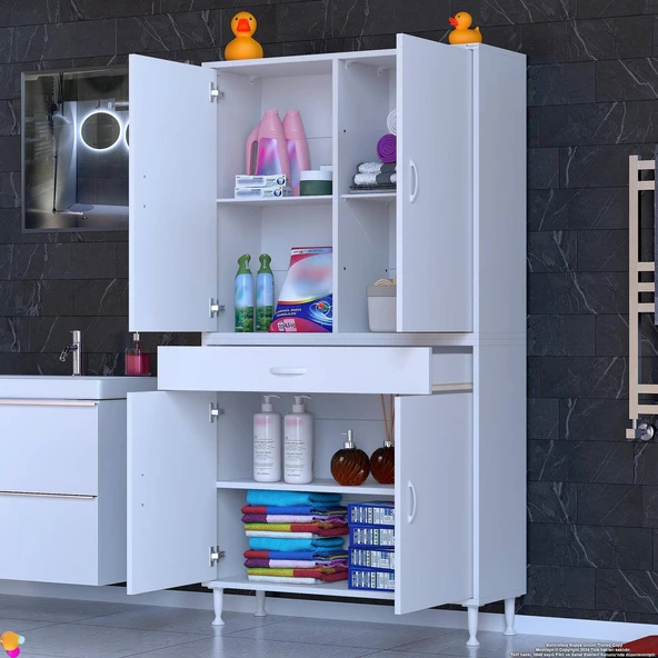 Eliusta  Luma Kapaklı & Çekmeceli Banyo Dolabı 90 cm Genişlikte Beyaz Dolap 90x173x32,5 cm Depolama Dolabı - Resim 3