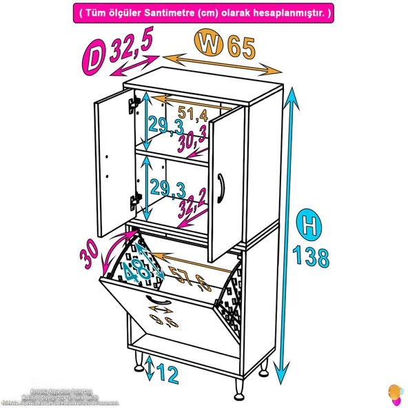 Eliusta  Miretta Üst Bölme Kapaklı Altı Kirli Sepetli Dolap 65 cm Genişlik Beyaz 65x138x32,5 cm Dolap - Resim 2