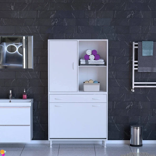 Eliusta  Liora Beyaz Çok Amaçlı Banyo Dolabı 95 cm Genişliğe Sahip 95x171x32,5 cm Üç Sepetli 2 Raflı Dolap - Resim 3