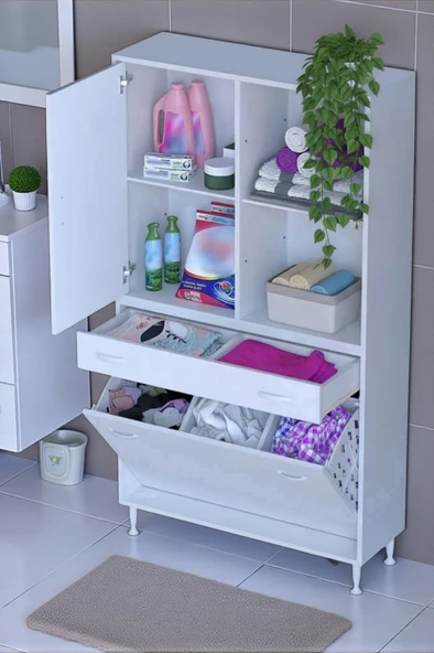 Eliusta  Liora Beyaz Çok Amaçlı Banyo Dolabı 100 cm Genişliğe Sahip 100x171x32,5 cm Üç Sepetli 2 Raflı Dolap ürün görseli 1