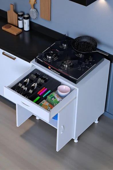 Eliusta  Lumin Tüp Yuvalı 60 cm Ankastre Ocak Altı Dolap 60x88x48 cm Beyaz Dolap Çekmeceli Mutfak Organizeri ürün görseli 1