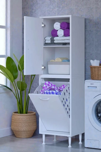 Eliusta  Miretta Üst Bölme Kapaklı Altı Kirli Sepetli Dolap 40 cm Genişlik Beyaz 40x138x32,5 cm Dolap ürün görseli 1