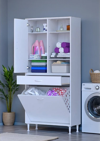 Eliusta  Mira Dolap 6 Bölme Çok Fonksiyonlu Banyo Dolabı 75 cm Beyaz Sepetli Dolap 75x171x32,5 cm Organizer ürün görseli 1