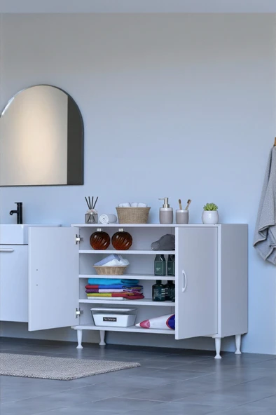 Eliusta  Nirat 90 cm 4 Bölmeli Beyaz Banyo Mutfak Dolabı 3 Raflı Kapaklı Çok Amaçlı Dolap 90x75x32,5 cm ürün görseli 1