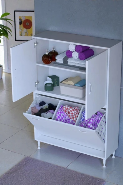 Eliusta  Miretta Üst Bölme Kapaklı Altı Kirli Sepetli Dolap 95 cm Genişlik Beyaz 95x138x32,5 cm Dolap ürün görseli 1