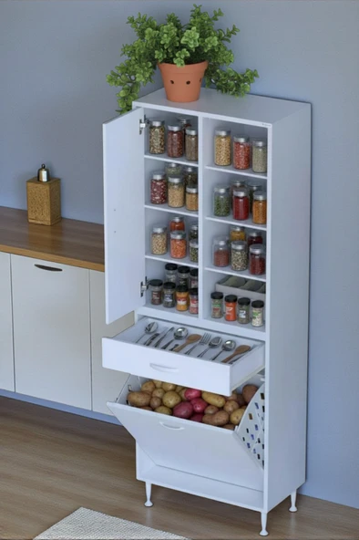 Eliusta  Rule Sepetli Banyo/Mutfak Dolabı 60 cm Genişliğe Sahip 60x171x32,5 cm Bir Sepetli Beyaz Dolap ürün görseli 1