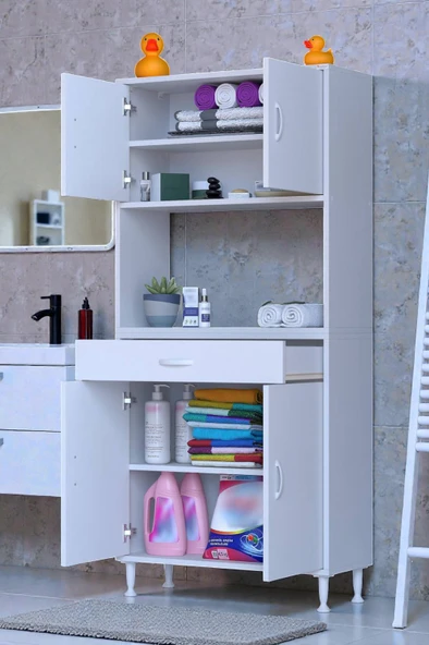 Eliusta  Nordi 4 Kapak 2 Raflı Beyaz Dolap 75x173x32,5 cm Çekmeceli Çok Amaçlı Banyo/Mutfak Dolabı ürün görseli 1