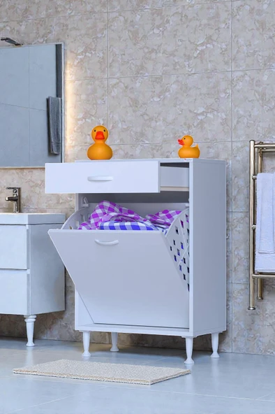 Eliusta  Asil 60 cm Kirli Çamaşır Sepetli Banyo Dolabı 1 Çekmeceli Mutfak Çok Amaçlı Dolap 60x88x32,5 cm ürün görseli 1