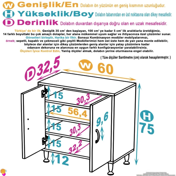 Eliusta  Nirat 60 cm 4 Bölmeli Beyaz Banyo Mutfak Dolabı 3 Raflı Kapaklı Çok Amaçlı Dolap 60x75x32,5 cm - Resim 2