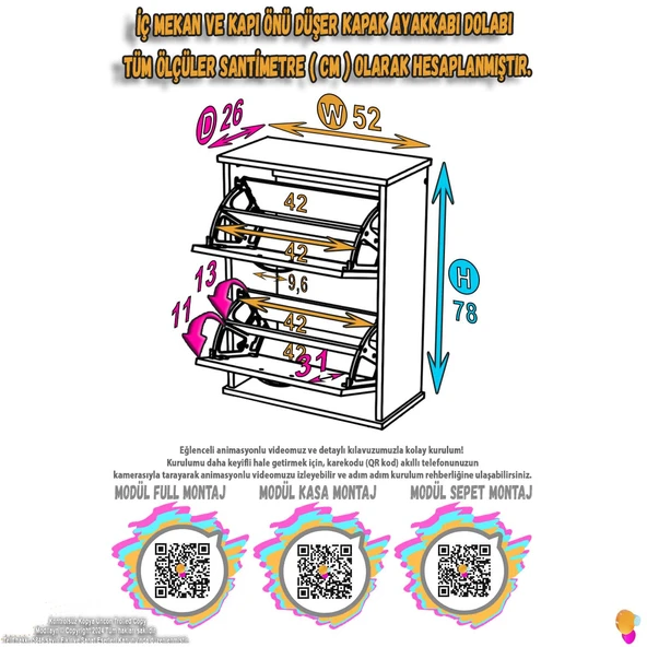 Eliusta  Holen Beyaz Renk Ayakkabılık 2 Düşer Kapak 52 cm Genişlik Kapı Önü Asma Ayakkabılık 52x74x26 cm - Resim 2