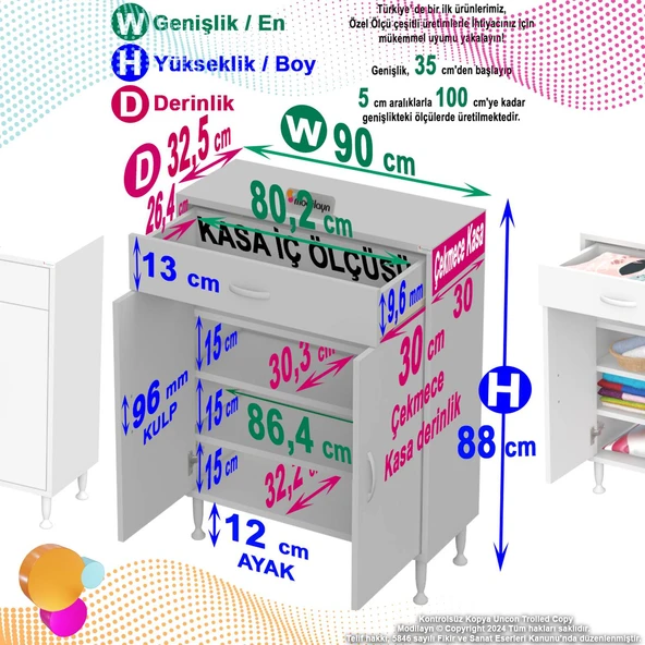 Eliusta  Rose 90 cm Beyaz 1 Çekmeceli Banyo Mutfak Dolabı 4 Bölmeli 3 Raflı Çok Amaçlı Dolap 90x88x32,5 cm - Resim 2