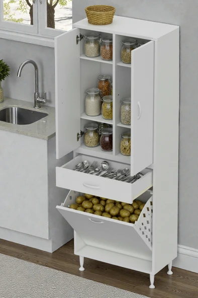 Eliusta  Wall Beyaz Banyo Dolabı 55 cm Tek Göz Bölmeli Sepet 55x171x32,5 cm 4 Raflı Mutfak/Banyo Dolabı ürün görseli 1