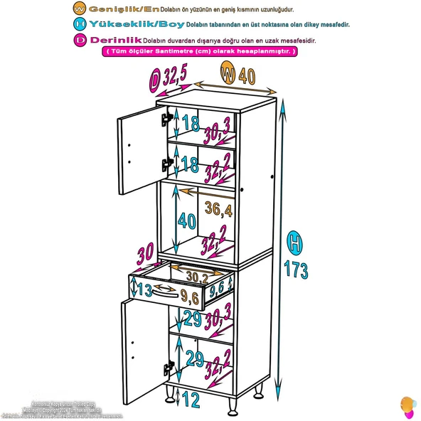 Eliusta  Leno Tek Kapaklı 40 cm Düzenleyici Dolap Banyo/Mutfak Dolabı 40x173x32,5 cm Beyaz Dolap - Resim 2