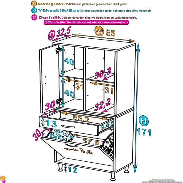 Eliusta  Liora Beyaz Çok Amaçlı Banyo Dolabı 65 cm Genişliğe Sahip 65x171x32,5 cm Tek Sepetli 2 Raflı Dolap - Resim 2