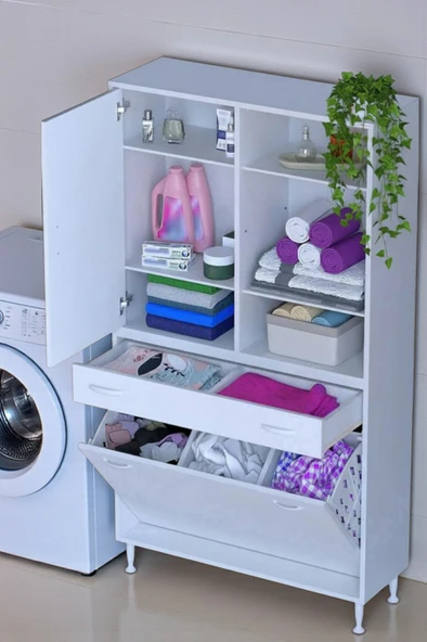 Eliusta  Mira Dolap 6 Bölme Çok Fonksiyonlu Banyo Dolabı 90 cm Beyaz Sepetli Dolap 90x171x32,5 cm Organizer ürün görseli 1