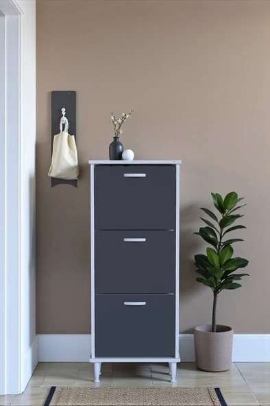 Eliusta  Nefes Ayaklı 52 cm Ayakkabılık Kapı Önü/Antre 3 Düşer Kapaklı Antrasit 52x127x26 cm  Ayakkabılık - Resim 2