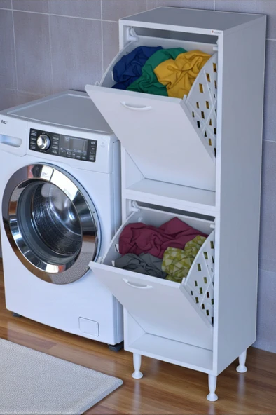 Eliusta  Veluna 50 cm Kirli Çamaşır Sepetli Dolap Banyo Dolabı Beyaz 50x173x32,5 cm 2 Sepetli Dolap ürün görseli 1