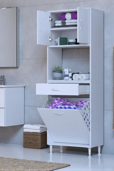 Eliusta  Seris Sepetli ve Çekmeceli Banyo Dolabı  G:55 cm Çok Amaçlı Beyaz Düzenleyici 55x173x32,5 cm Dolap ürün görseli 1