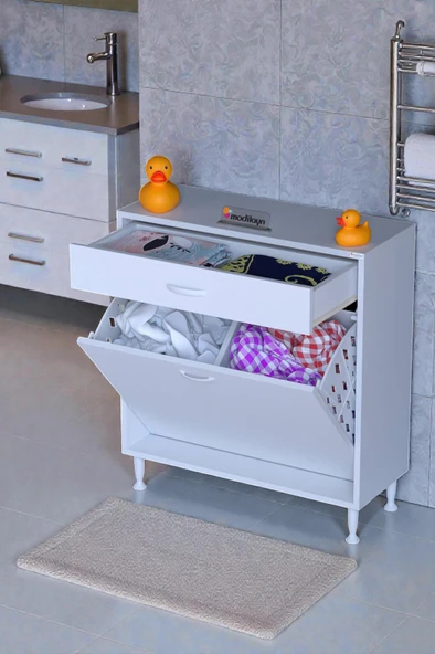 Eliusta  Asil 85 cm Kirli Çamaşır Sepetli Banyo Dolabı 1 Çekmeceli Mutfak Çok Amaçlı Dolap 85x88x32,5 cm ürün görseli 1