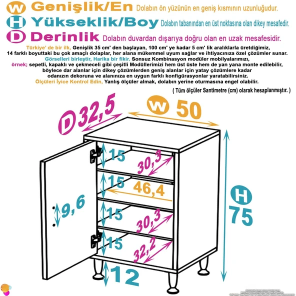 Eliusta  Nirat 50 cm 4 Bölmeli Beyaz Banyo Mutfak Dolabı 3 Raflı Kapaklı Çok Amaçlı Dolap 50x75x32,5 cm - Resim 2