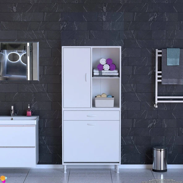Eliusta  Liora Beyaz Çok Amaçlı Banyo Dolabı 85 cm Genişliğe Sahip 85x171x32,5 cm Çift Sepetli 2 Raflı Dolap - Resim 3