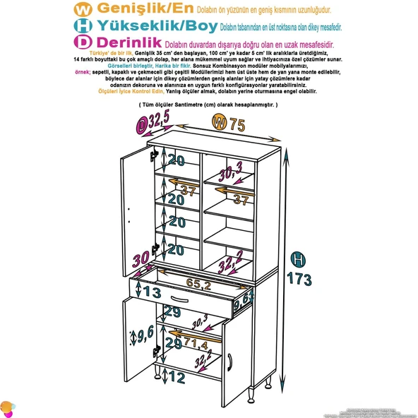 Eliusta  Nexa Modüler Dolap  75 Cm Banyo/Mutfak Dolabı Extra Kullanım Alanlı 75x173x32,5 cm Beyaz Dolap - Resim 2