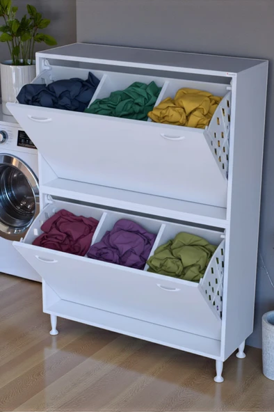 Eliusta  Veluna 90 cm Kirli Çamaşır Sepetli Dolap Banyo Dolabı Beyaz 90x173x32,5 cm 6 Sepetli Dolap ürün görseli 1